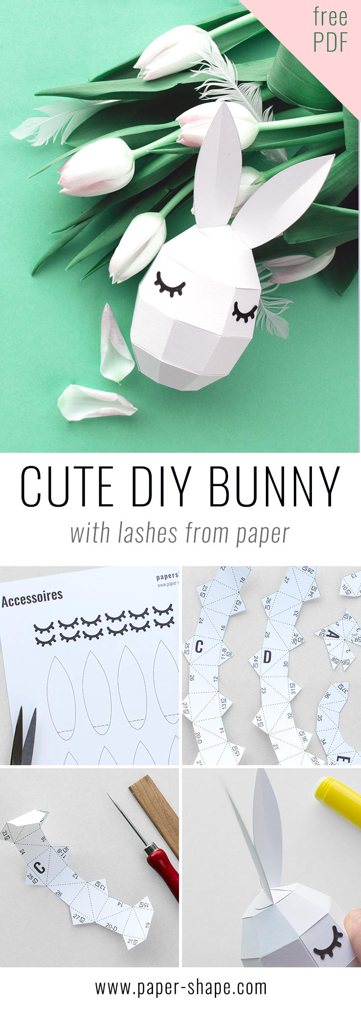 Super cute diy bunnys with lashes (free template) / PaperShape #eastereggs #easter #papercraft #diy