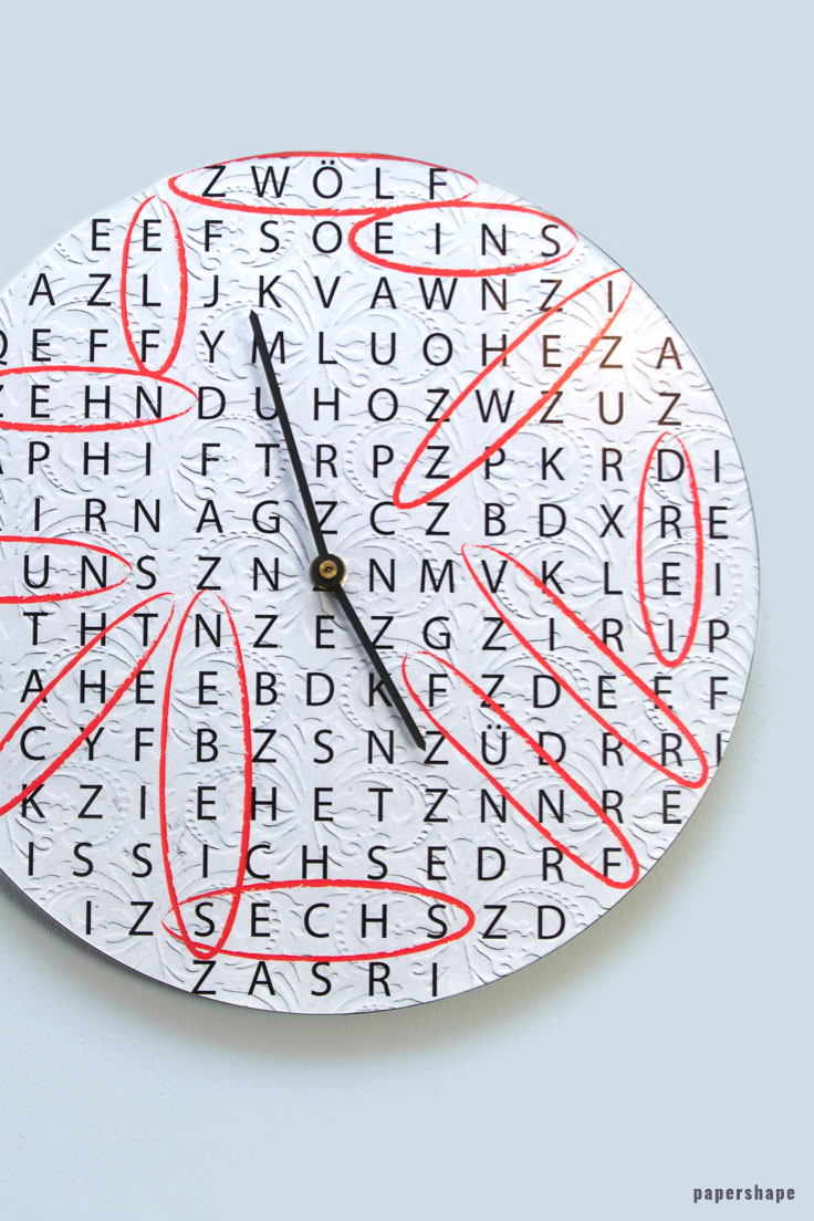 upcycling idea: wall clock from an old vinyl record and crossword puzzles. free template from #papershape 