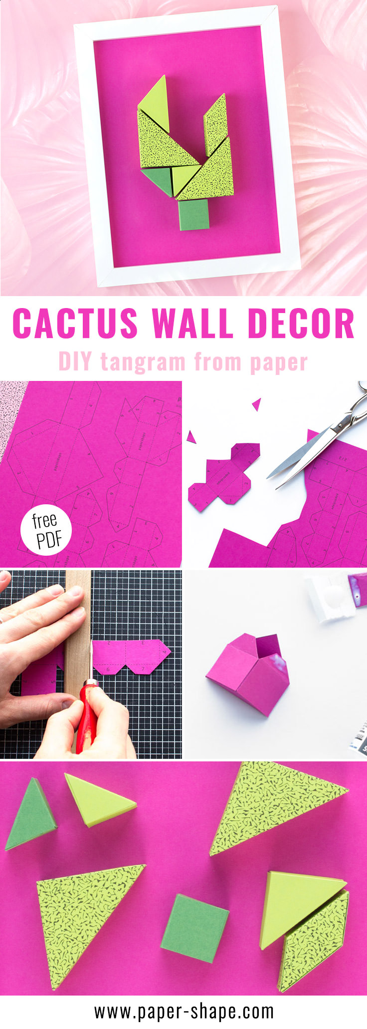 DIY wall decor from paper (free printable): tangram cactus in fancy colors /PaperShape #papershape #walldecor #diy #paper 