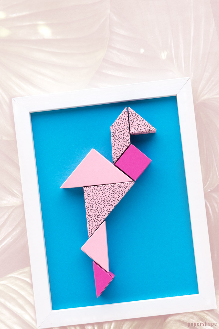 diy wall decor from paper: cute tangram flamingo super easy and fun to make (free printable) / PaperShape #papershape #diy #walldecor