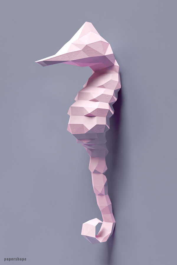 DIY Wandtrophäe Seepferdchen aus Papier - Vorlage downloaden #origami #wanddeko #bastelnmitpapier #papershape
