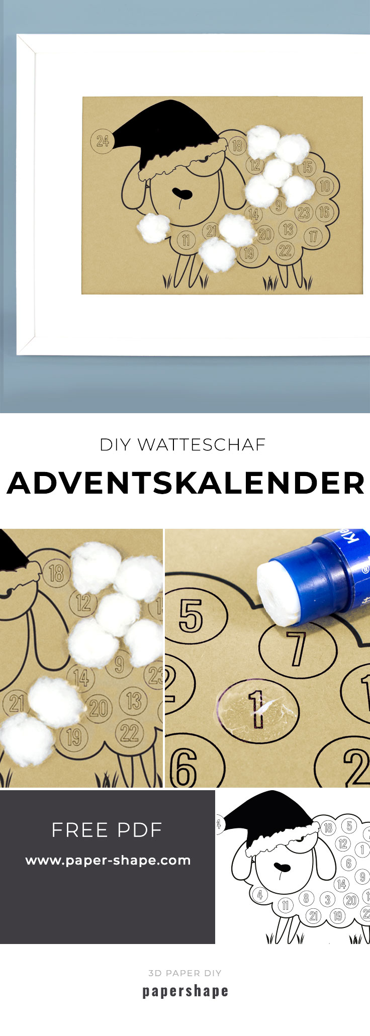 DIY Adventskalender als Watteschaf selber machen für Kinder mit kostenloser Vorlage von #papershape