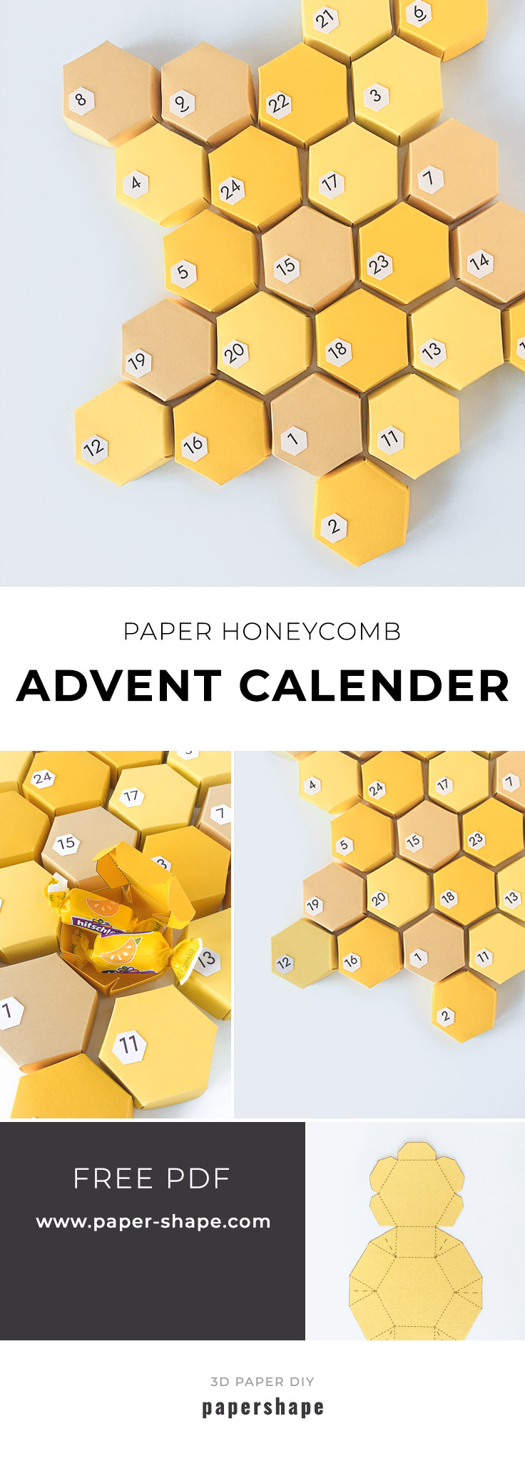 DIY Advent calendar idea from paper: 3d honeycombs for filling #papershape 