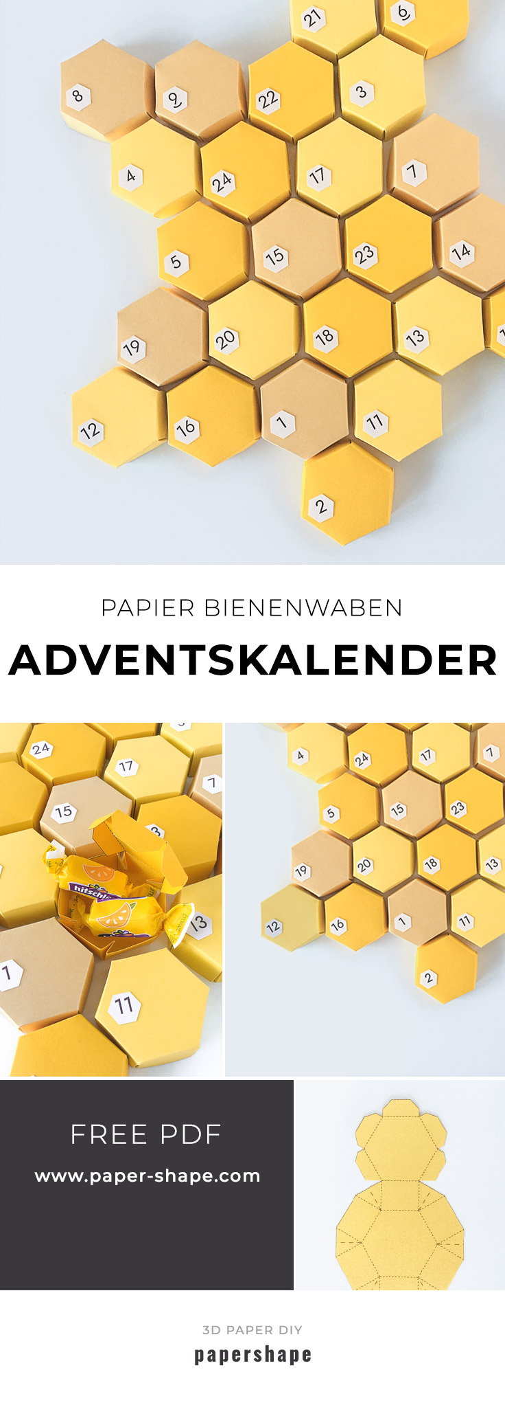 DIY Adventskalender basteln aus Papier als 3D Bienenwaben für eure fleißigen Bienchen #papershape