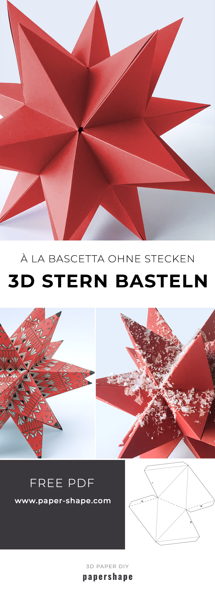 DIY Weihnachten: einfachen 3d Stern aus Papier mit 20 Spitzen wie beim Bascetta-Stern selber basteln, nur ohne Zusammenstecken #papershape 