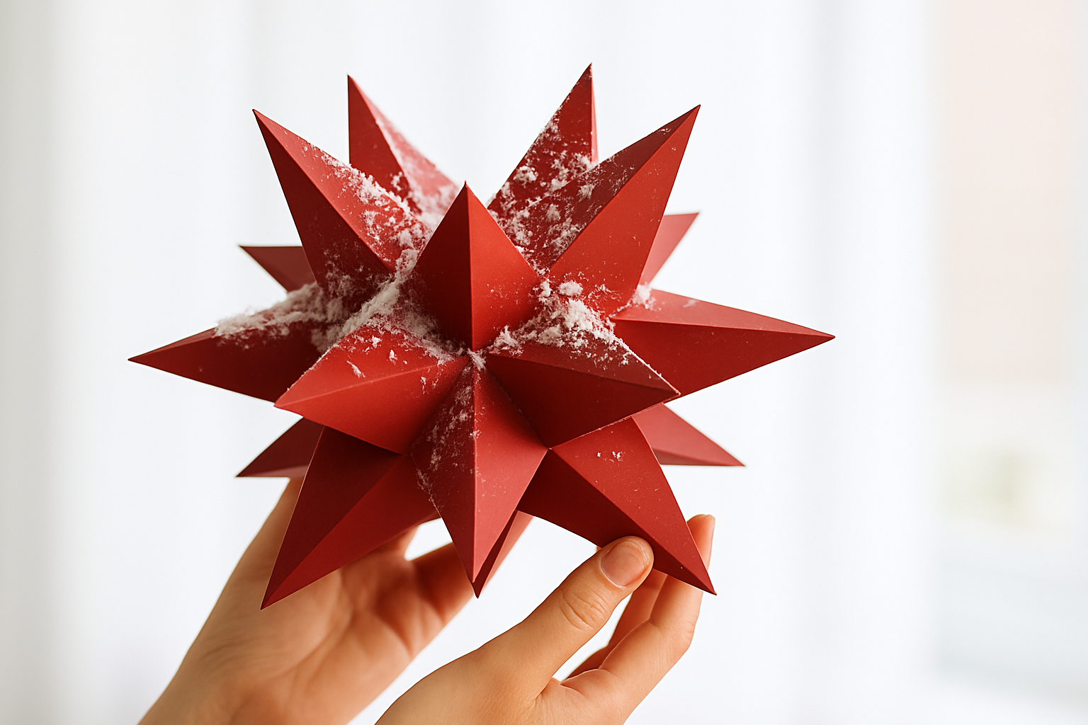 Finished red XXL Christmas star with snow effect, held in hands as the result of a paper craft tutorial.