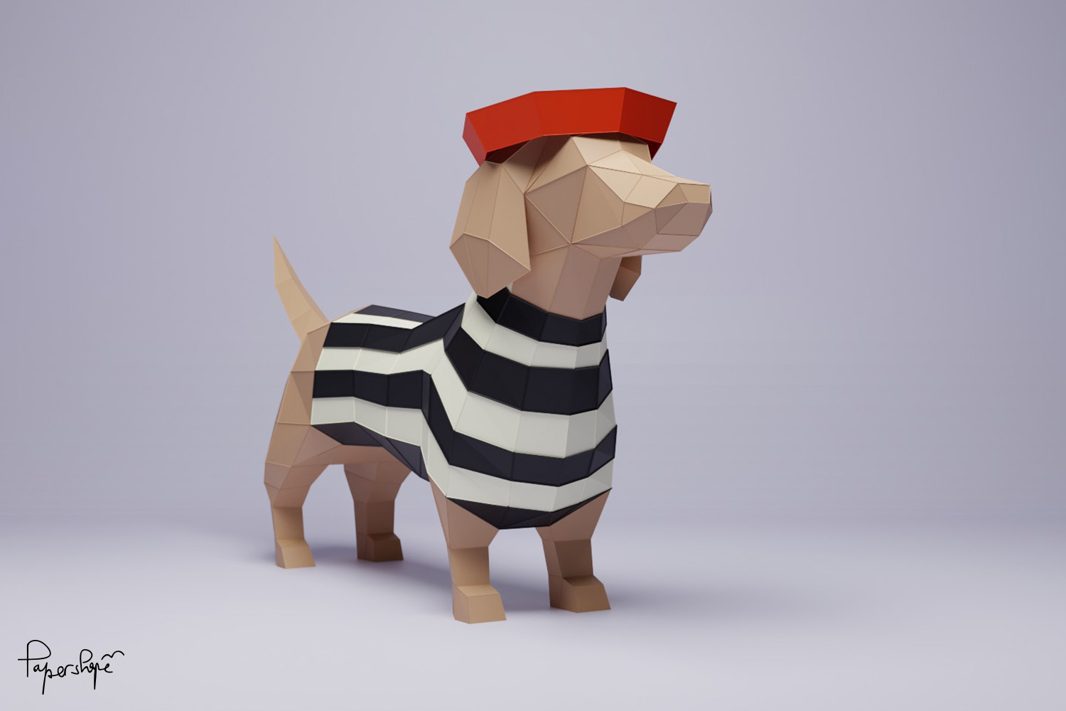Geometrische Papierskulptur (low poly) eines Dackels mit schwarz-weißer Streifenjacke und rotem Barett 
