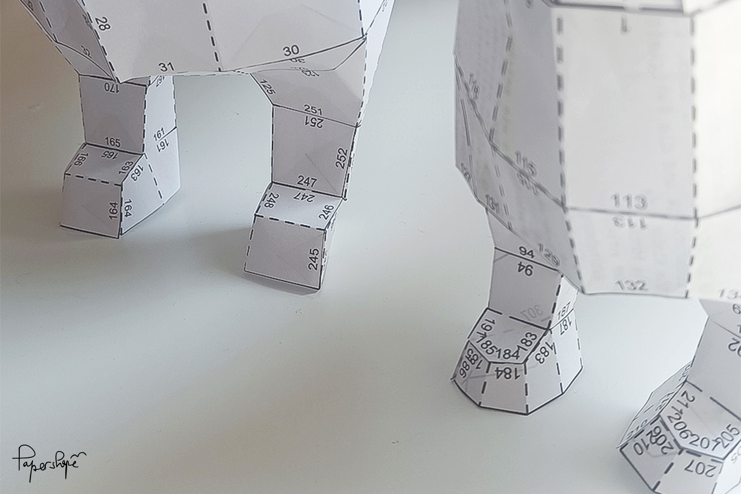 Detailaufnahme der Pfoten eines 3D Papier-Dackels aus Kopierpapier - Bastelvorlage mit nummerierten Laschen zum Selberbasteln von Papershape.