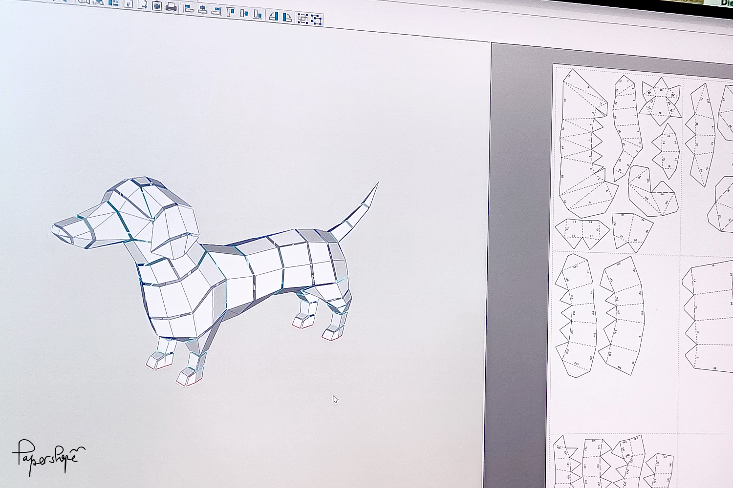 3D-Modell eines Papier-Dackels in Pepakura mit digitaler Bastelvorlage - Entwurf für DIY Papierkunst bei Papershape
