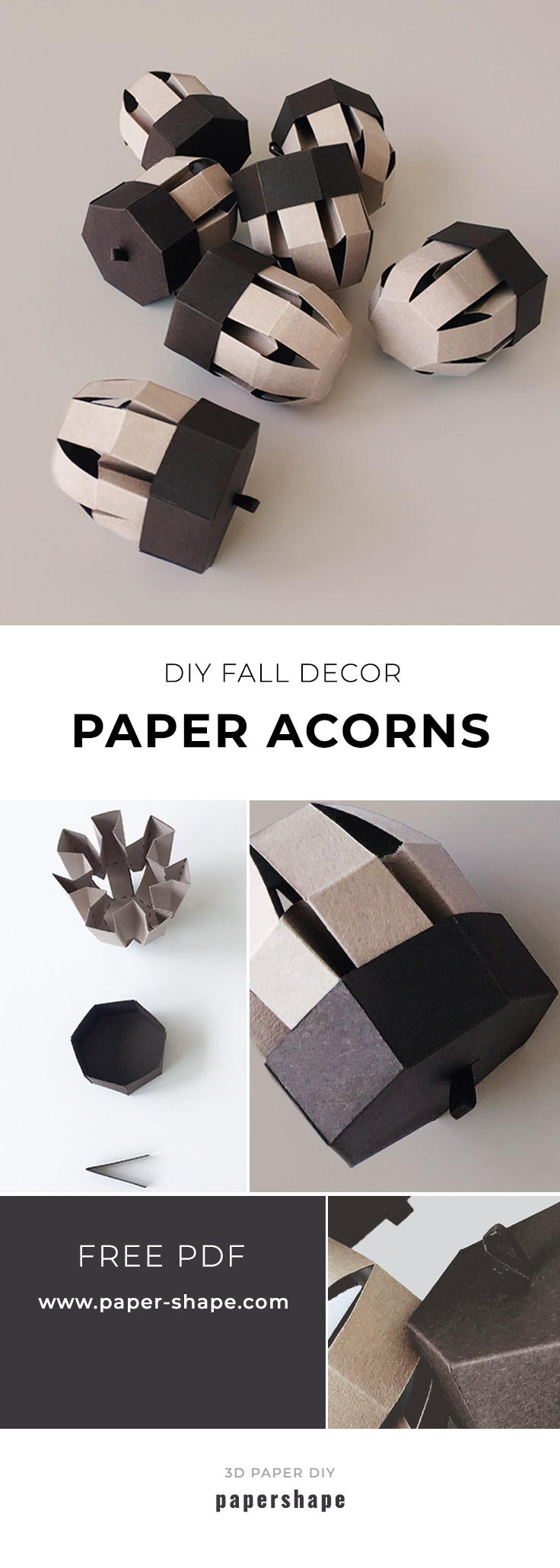 cute acorn craft idea from paper for your fall decoration - free template for adults from papershape #papershape #diy