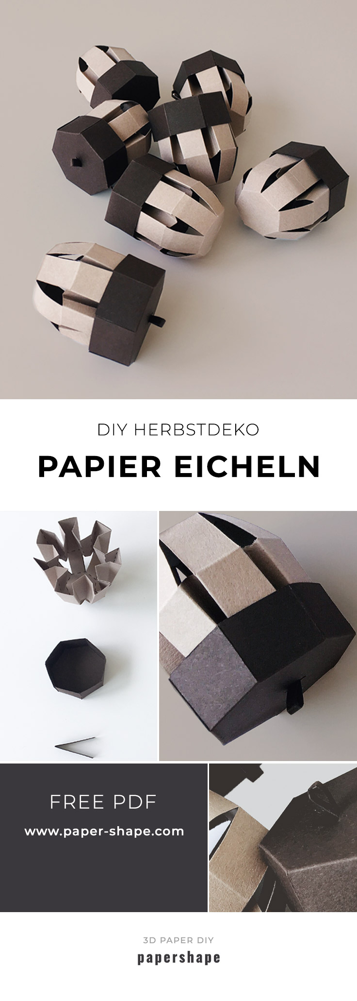 DIY Eicheln aus Papier als coole Herbstdeko / fall basteln und dekorieren (kostenlose Vorlage). PaperShape #diy #papershape #herbstdeko'