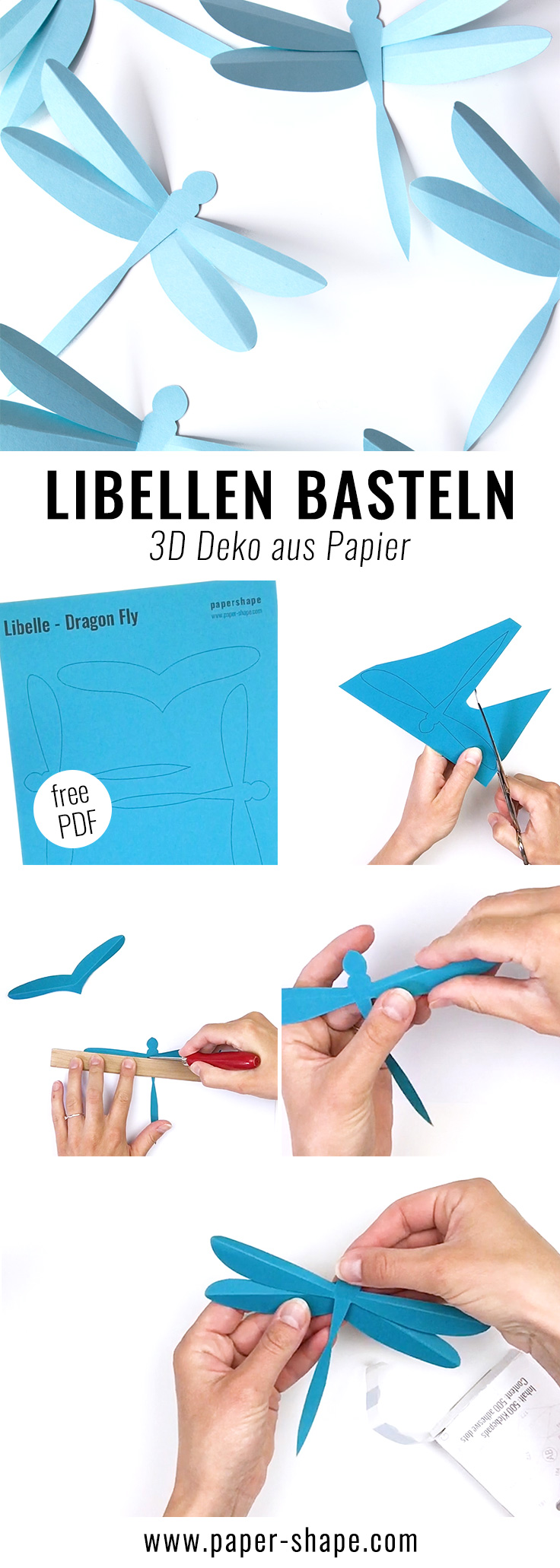 3D Libellen basteln aus Papier und mit Kindern gestalten. Ganz einfach selber machen, falten und aufhängen. #papershape #wanddeko #diy