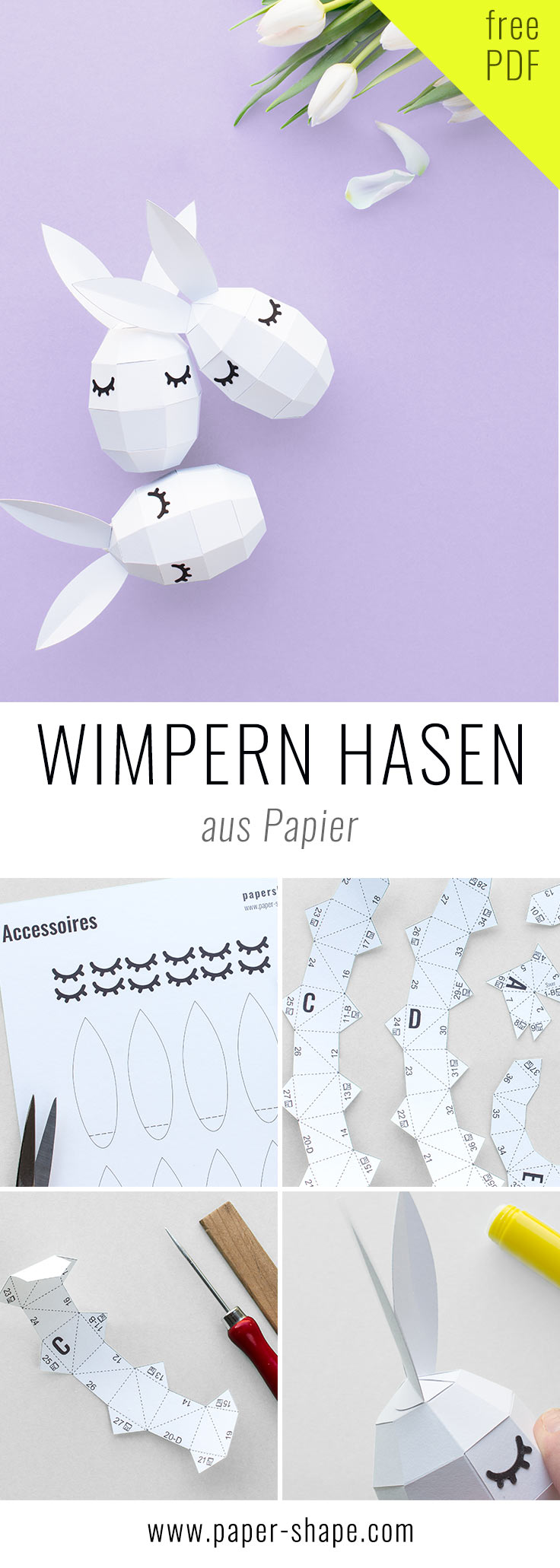 Trendy DIY Hasen mit süßen Wimpern aus Papier als Osterdeko / PaperShape #osterdeko #ostereier #ostern #diy #papercraft