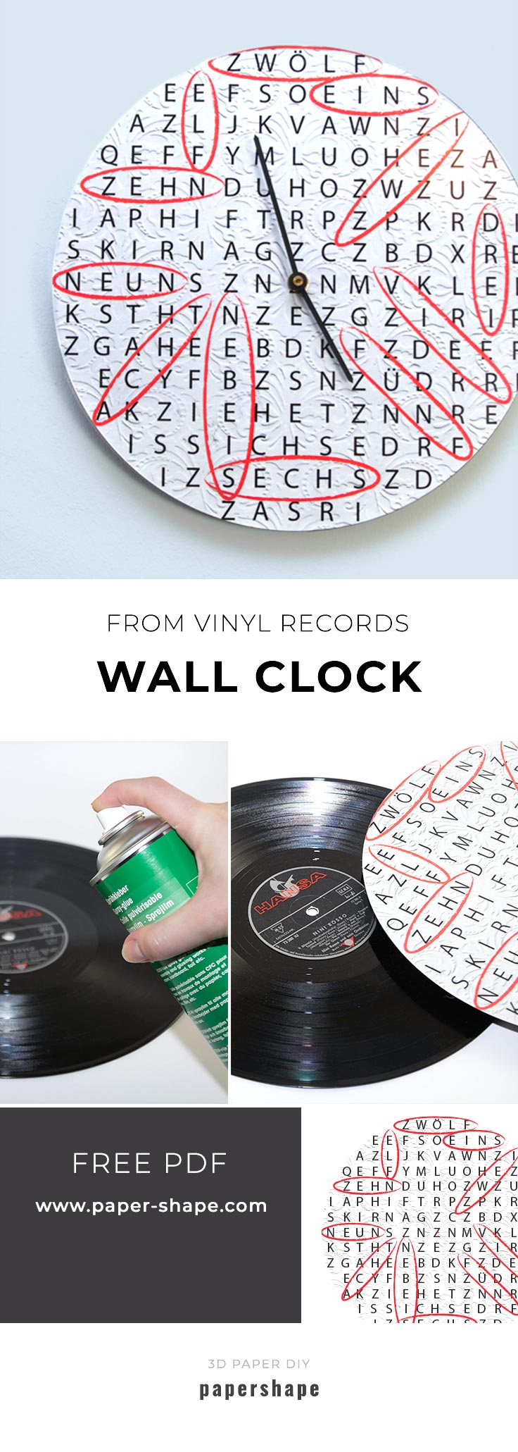 upcycling idea: wall clock from an old vinyl record and crossword puzzles. free template from #papershape
