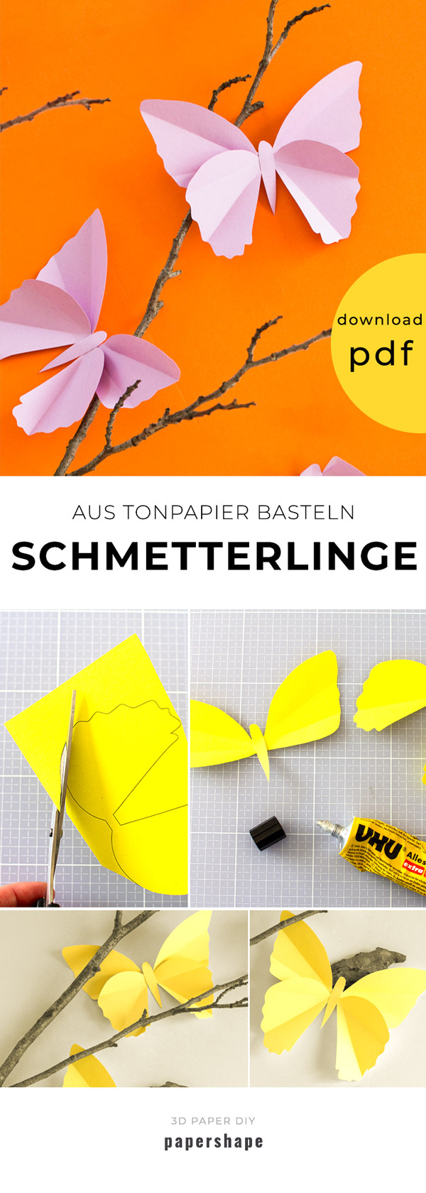 Einfache Schmetterlinge aus Tonpapier basteln (mit Vorlage) - Papershape