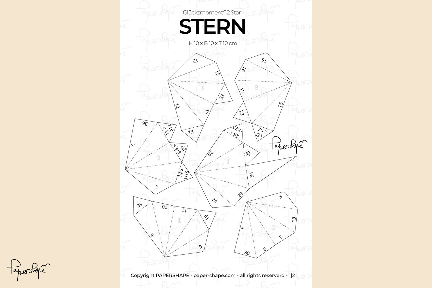 Template for crafting a Christmas star with 12 points from paper - model "Glücksmoment"12