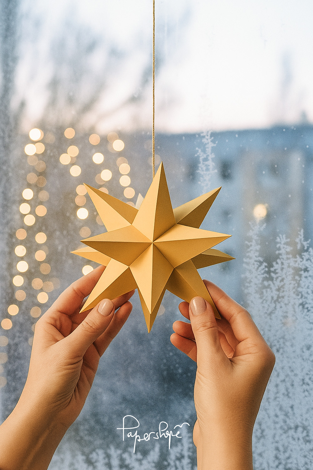 Golden Christmas star made of paper with 12 points is hung on the window with both hands as decoration