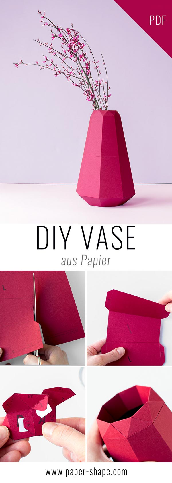 DIY Papier Vase im coolen Origami-Design mit Vorlage. Ihr müsste einfach die Papiere schneiden, falten, kleben. Finde die Farben mega - lavendel, rose, weinrot. PaperShape #vases #papercraft #diy