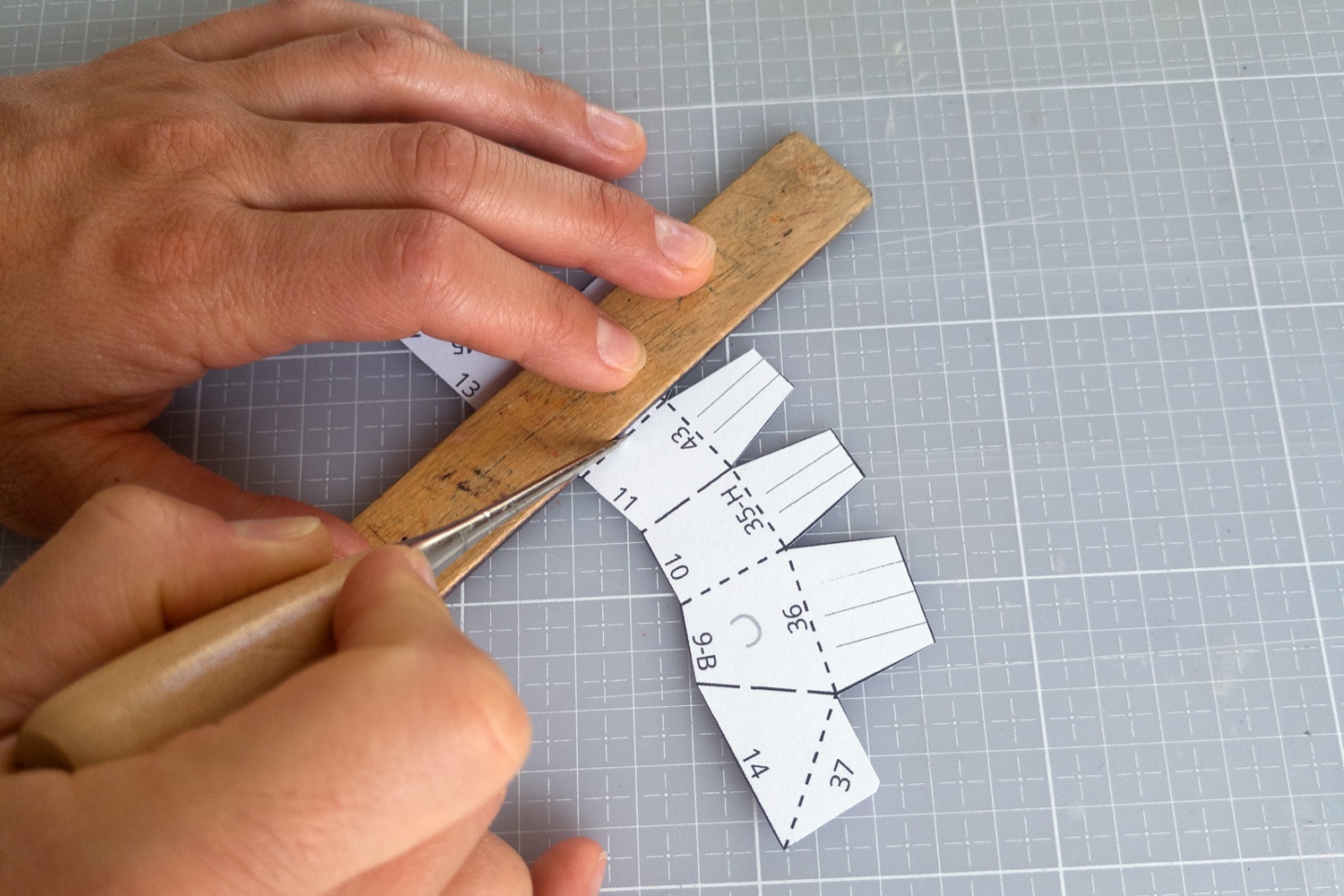 Scoring the Westie template with an awl and ruler