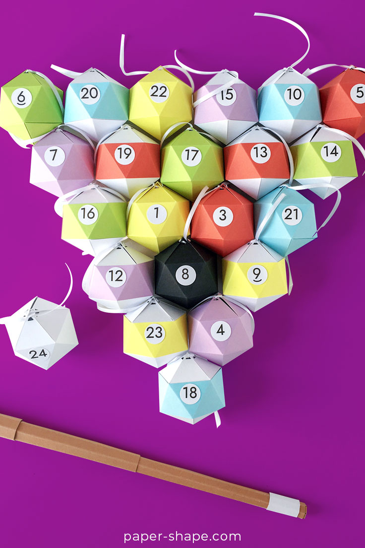 Papercrafted billiard advent calendar from photo cardboard with 24 balls and cue