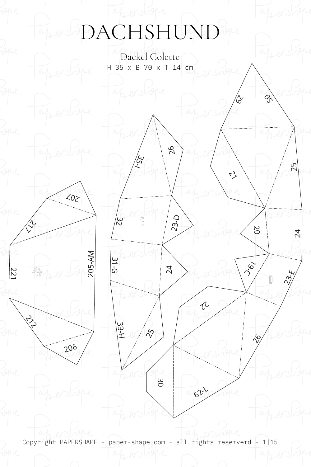 Vorschau der Bastelvorlage für den 3D Papercraft Dackel Colette: erste Seite mit nummerierten Einzelteilen, Falzlinien und den Maßen H 35 x B 70 x T 14 cm.