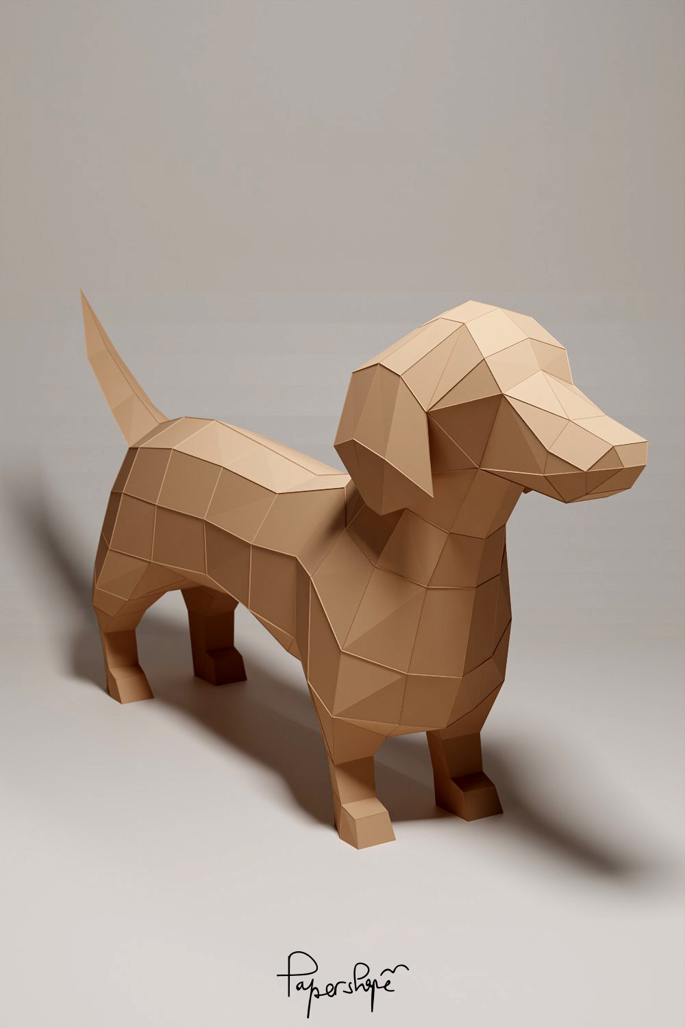 Low poly paper animal dachshund "Franz" made of brown paper, shown from the front left. Geometrically folded surface.