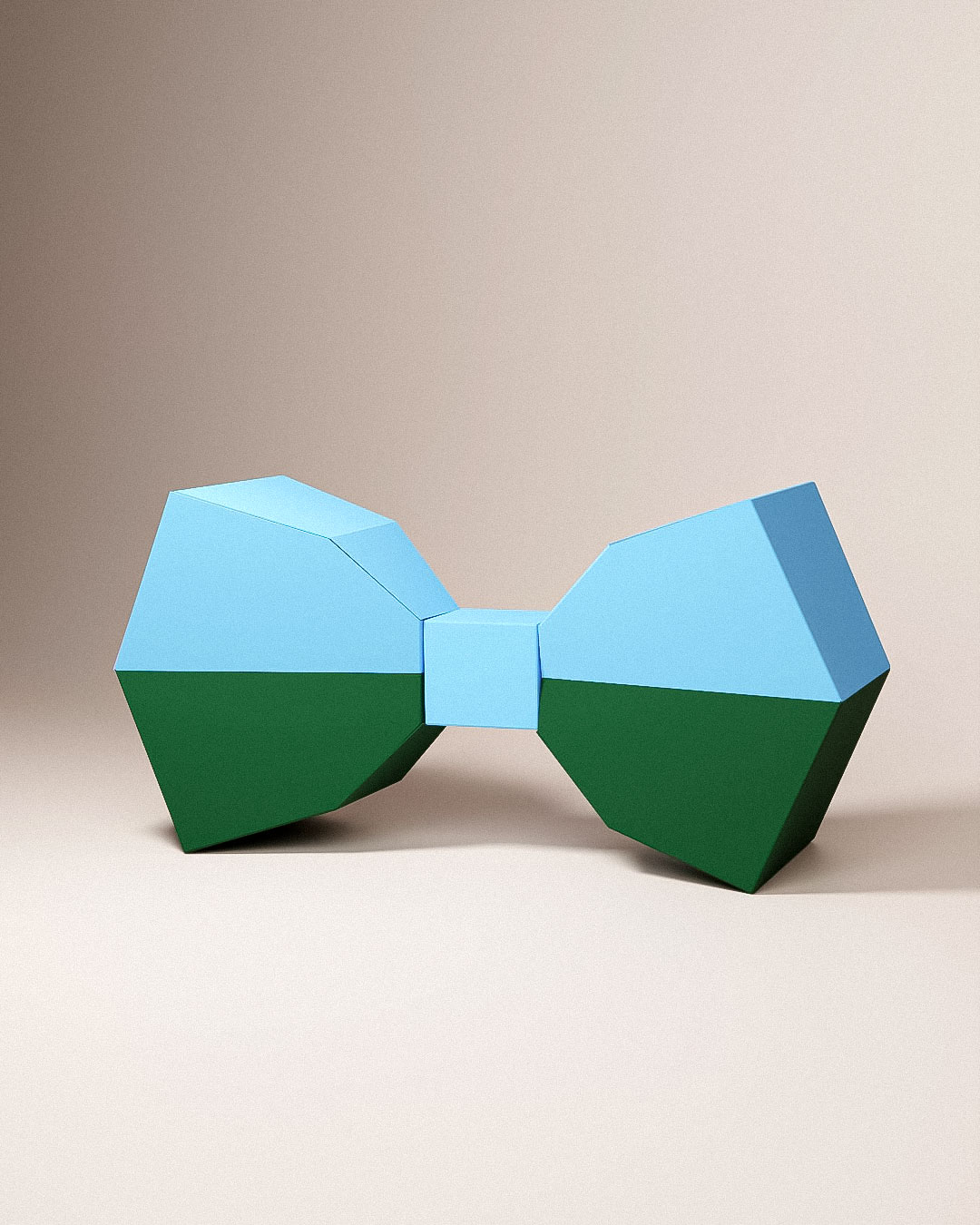 3D Low-Poly Papierschleife in Tannengrün und Himmelblau, ruhiger Kontrast auf neutralem Studiohintergrund.