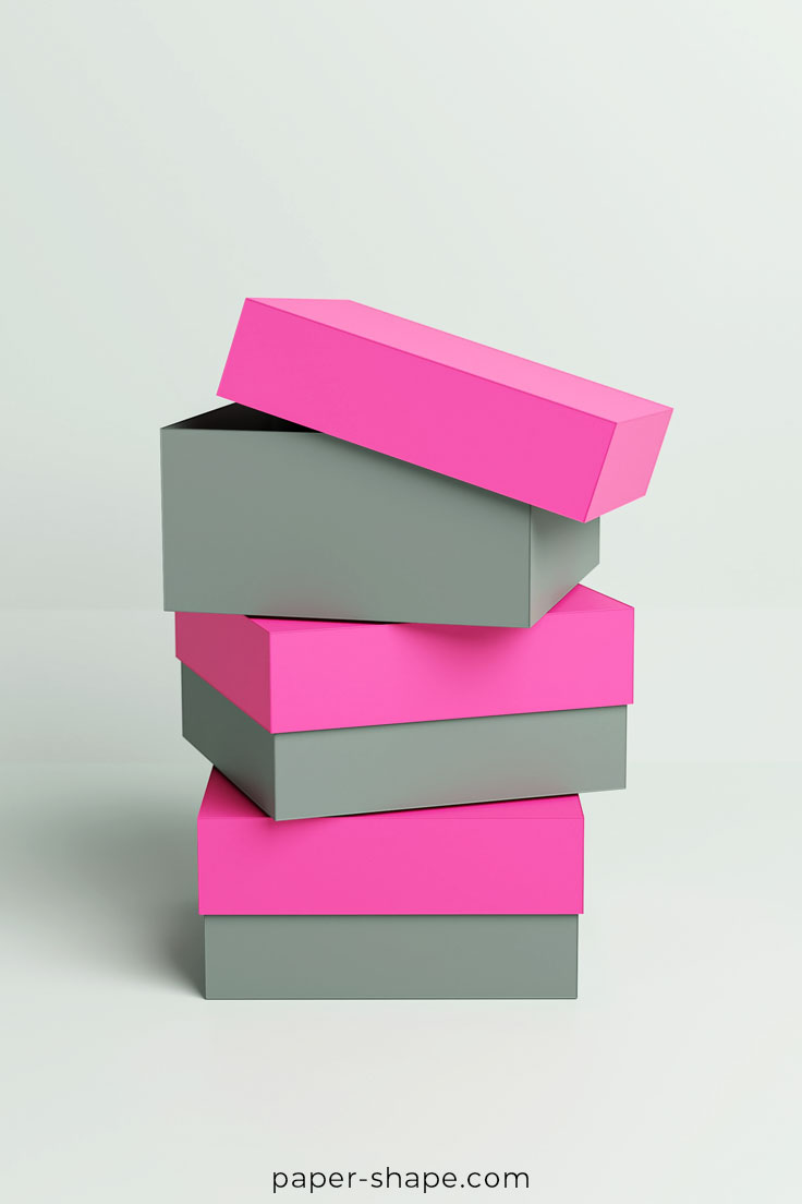 Three papercrafted square gift boxes in gray with pink lid