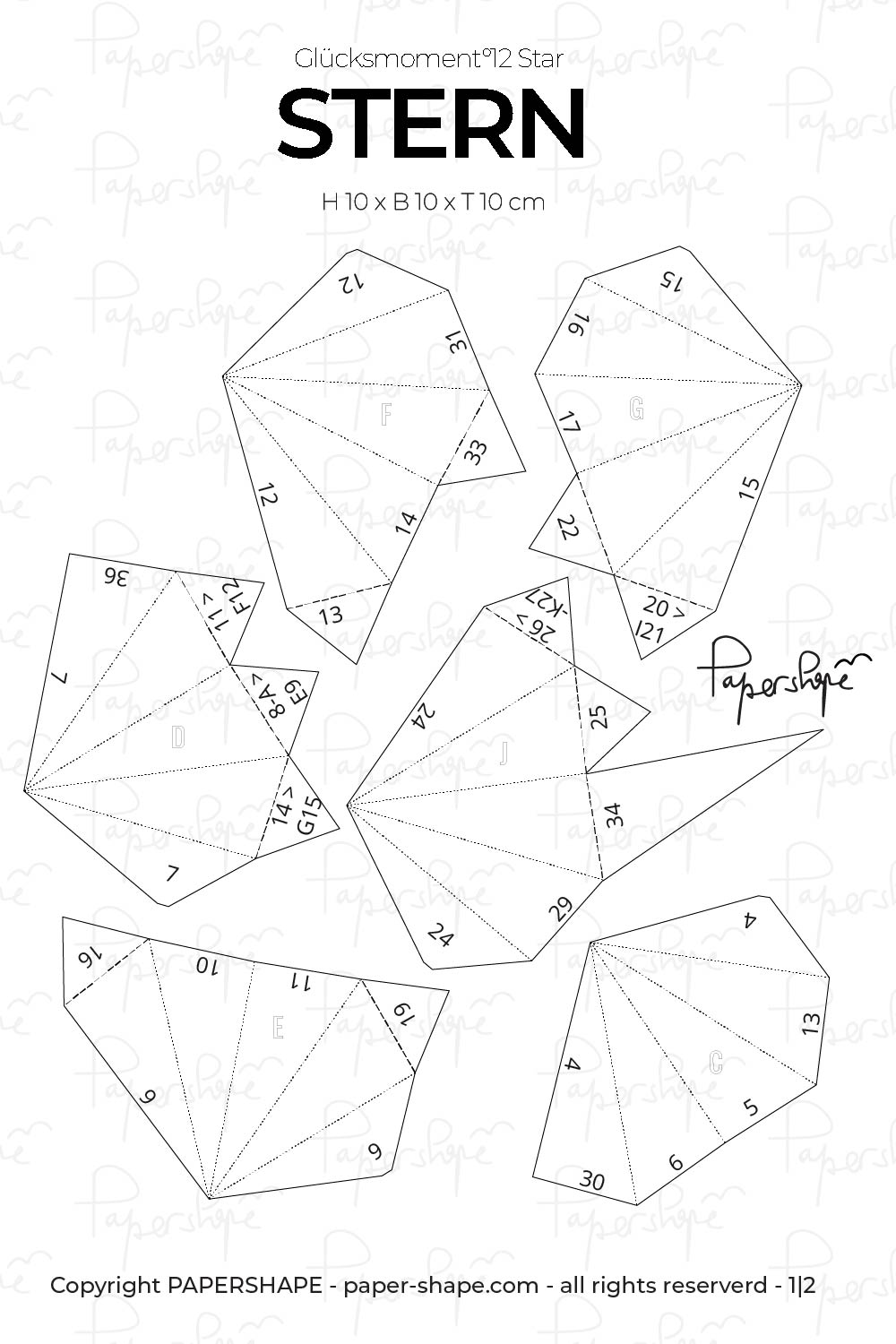 Printable craft template of the paper star ""Glücksmoment - German for “a moment of pure joy.”" with 12 points as a preview for customers