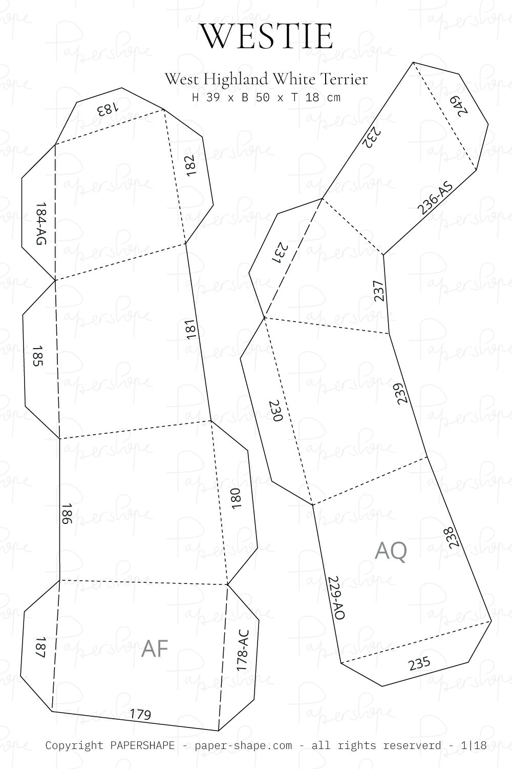 Preview of the craft sheet with numbered individual parts for the Westie paper model.