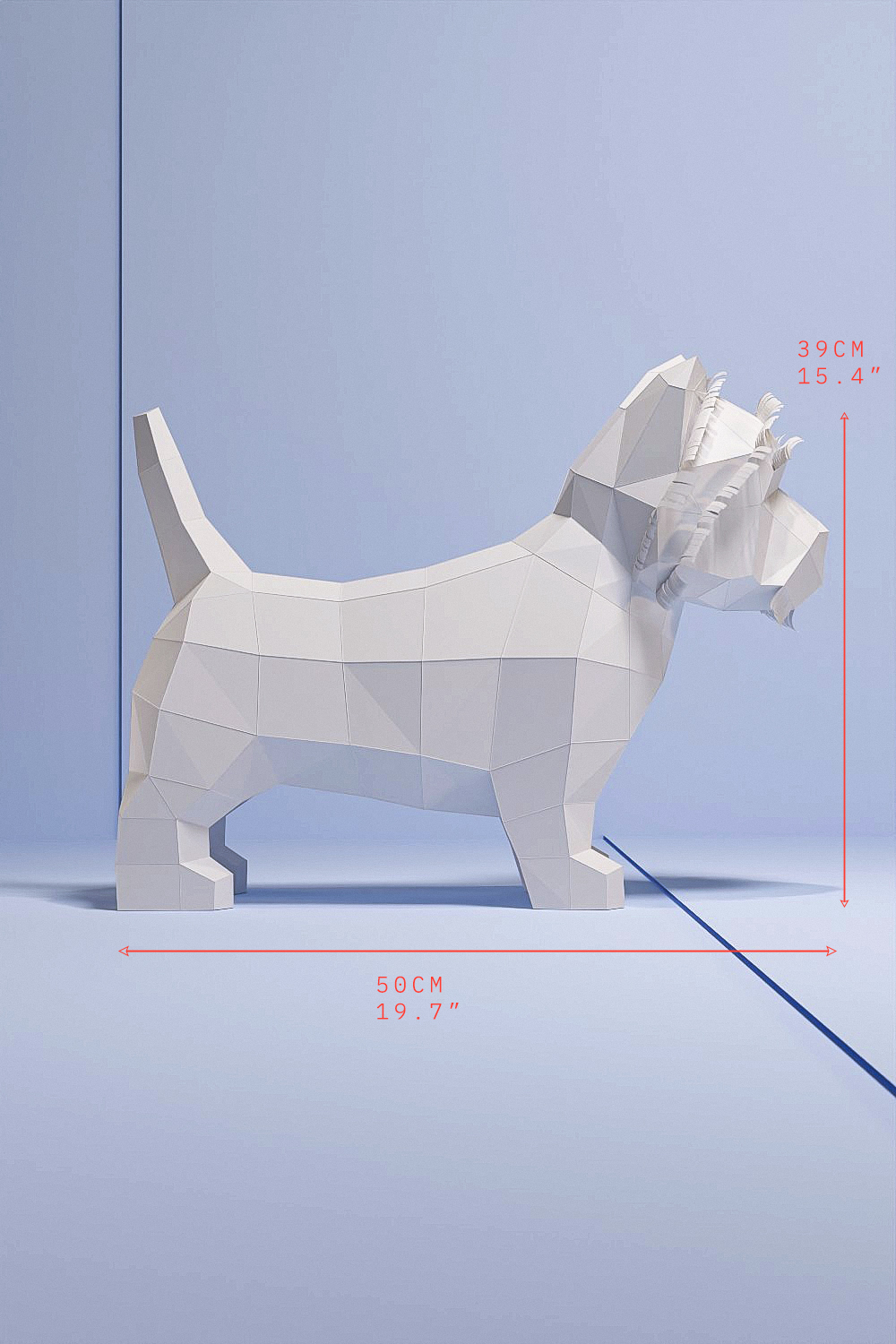 Paper Westie in side profile with the dimensions marked: 50 cm long and 39 cm tall.